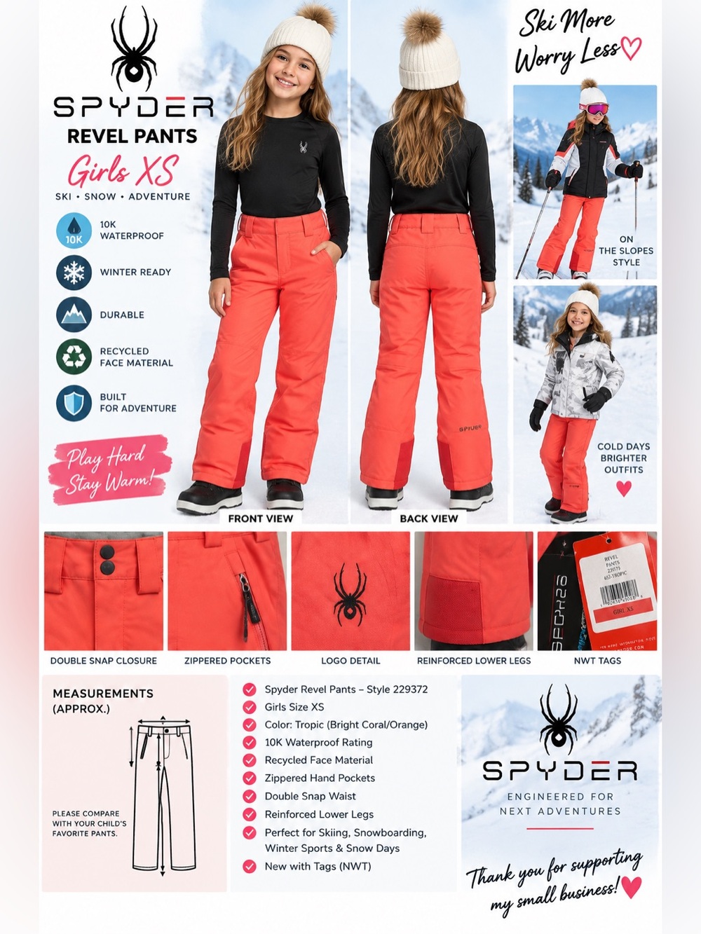 Spyder Revel Girls Ski Snow Pants XS Tropic Coral 10K Waterproof NWT
